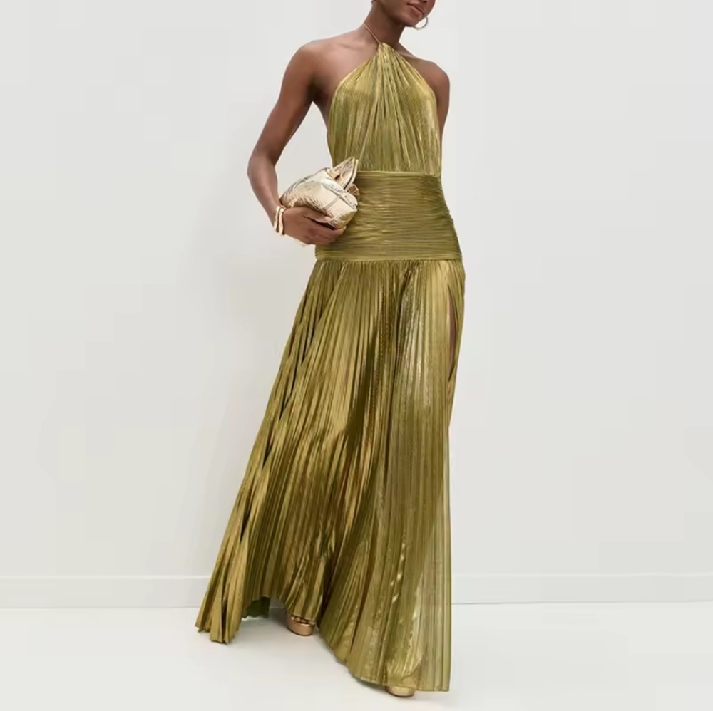 Gold Sexy Halter High Split Gowns Evening DressWoman Chic Solid Hollow Pleated - Picture 5 of 7